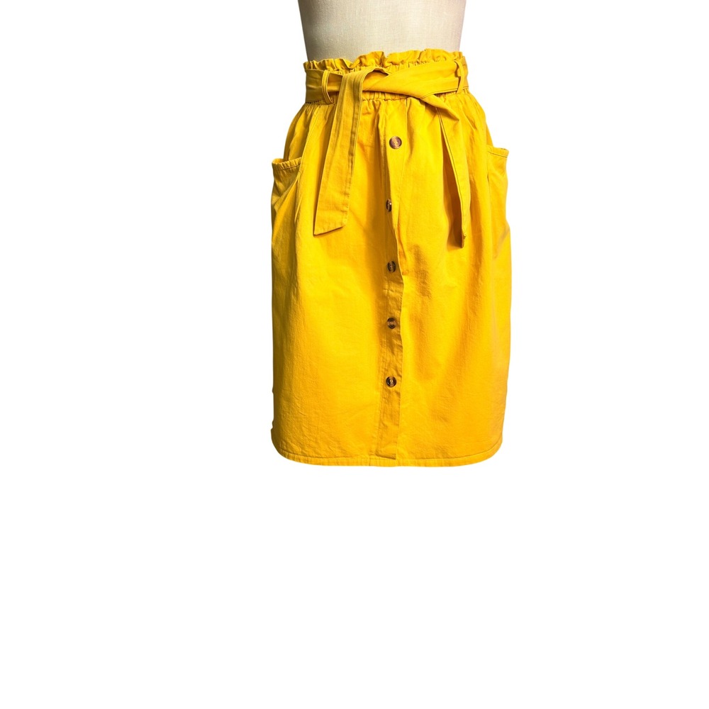 Sadie & Love‎ Button Front Midi Skirt M Yellow Paperbag Waist Cotton Belted
